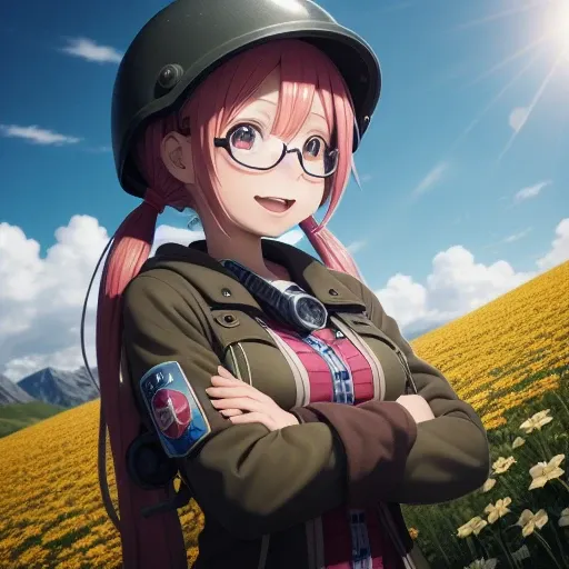 1girl, Riko(masterpiece, best quality, very detailed, sharp focus:1.0), full body, jacket, helmet, lamp, shorts, twintails, whistle, glasses, thighhighs, boots, colorful