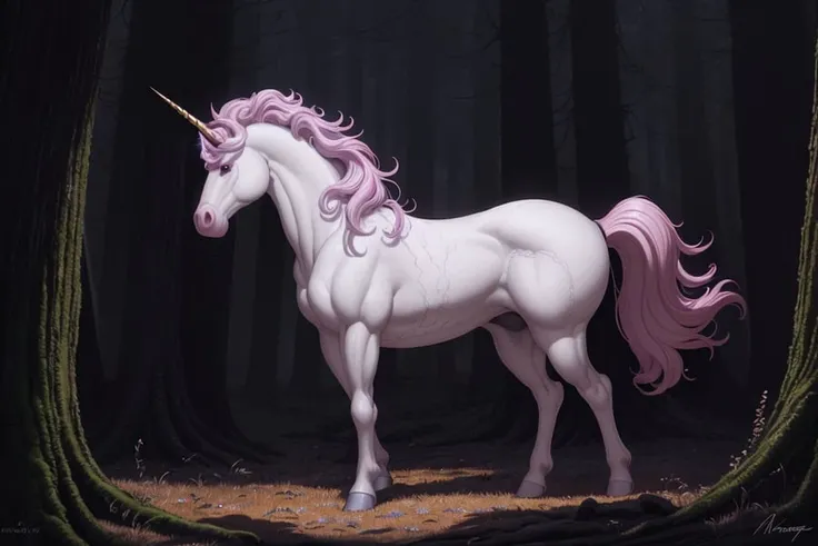 vibrant unicorn standing in a dark rainy forest, high contrast, very coherent, cinematic, hyper realism, high detail, octane render, unreal engine, 8k, vibrant colors, Smooth gradients, High contrast, depth of field, full body character drawing, clean ink detailed line work, intricate detail, extremely detailed, by Ayami Kojima, Amano, Karol Bak, Greg Hildebrandt, and Mark Brooks.