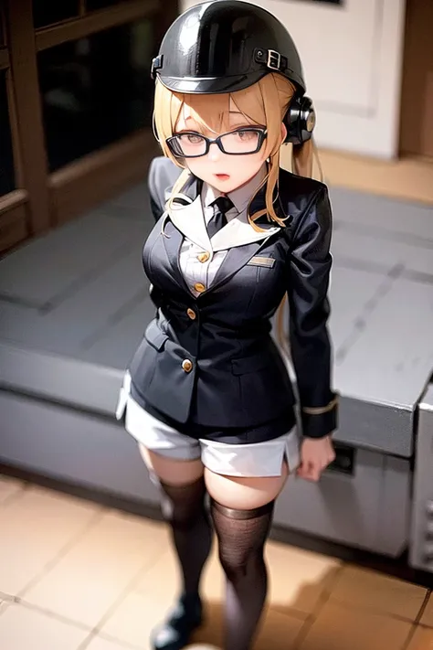 1girl, Riko(masterpiece, best quality, very detailed, sharp focus:1.0), full body, jacket, helmet, lamp, shorts, twintails, whistle, glasses, thighhighs, boots, colorful