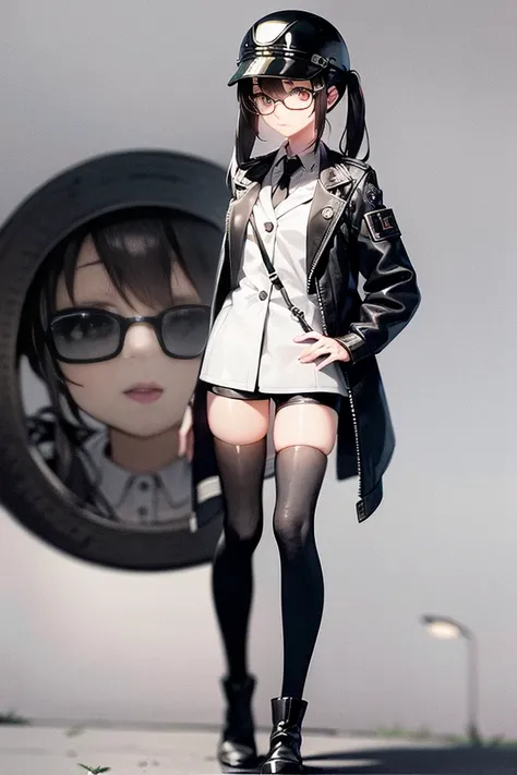 1girl, Riko(masterpiece, best quality, very detailed, sharp focus:1.0), full body, jacket, helmet, lamp, shorts, twintails, whistle, glasses, thighhighs, boots, colorful