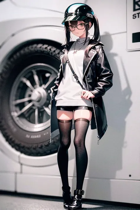 1girl, Riko(masterpiece, best quality, very detailed, sharp focus:1.0), full body, jacket, helmet, lamp, shorts, twintails, whistle, glasses, thighhighs, boots, colorful