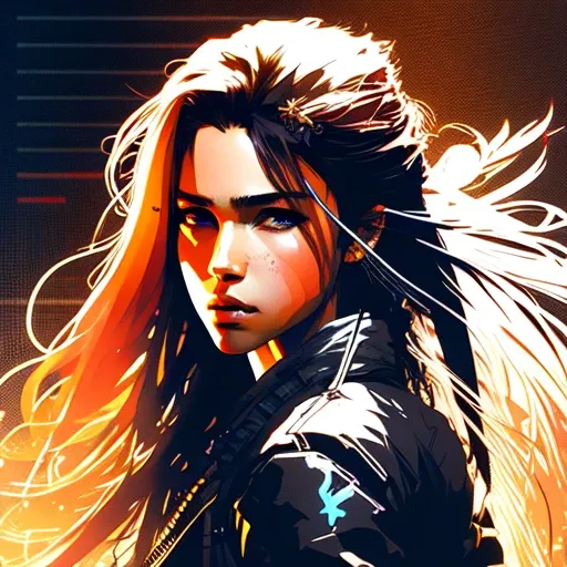 (samdoesart:1.2) dreamlikeart beautiful young lady, long hair, perfect face, cyberpunk, masterpiece, intense shadows, ambient light, illustration, thick outlines, highres, drawn by (Yoji Shinkawa:1.2)