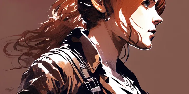 (samdoesart:1.2) dreamlikeart beautiful young lady aiming a revolver, ginger hair, perfect face, masterpiece, intense shadows, ambient light, illustration, sketch, (thick outlines), cartoon, highres, drawn by (Yoji Shinkawa:1.3), (Hideo Kojima:0.8)
