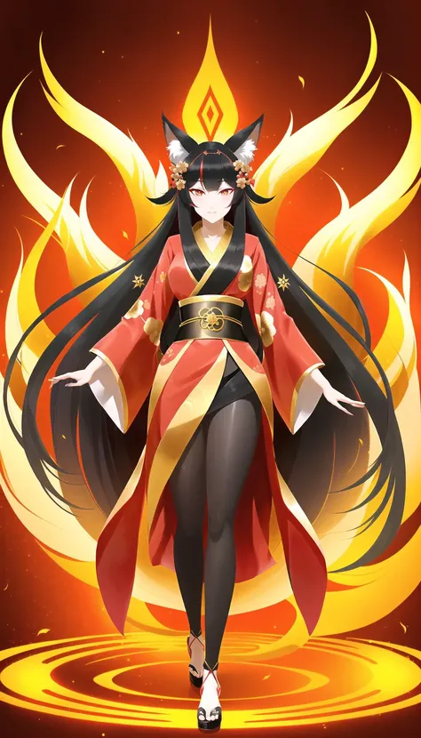 absurdres, 1girl, full body, beautiful lady in a red and gold kimono by a pagoda, black hair, long hair, hime cut, straight hair, fox ears, fox tail, multiple tails, official art, vivid color, finely detailed, hyper detailed, 8k, high resolution illustration, Masterpiece, best quality, intricate_detail