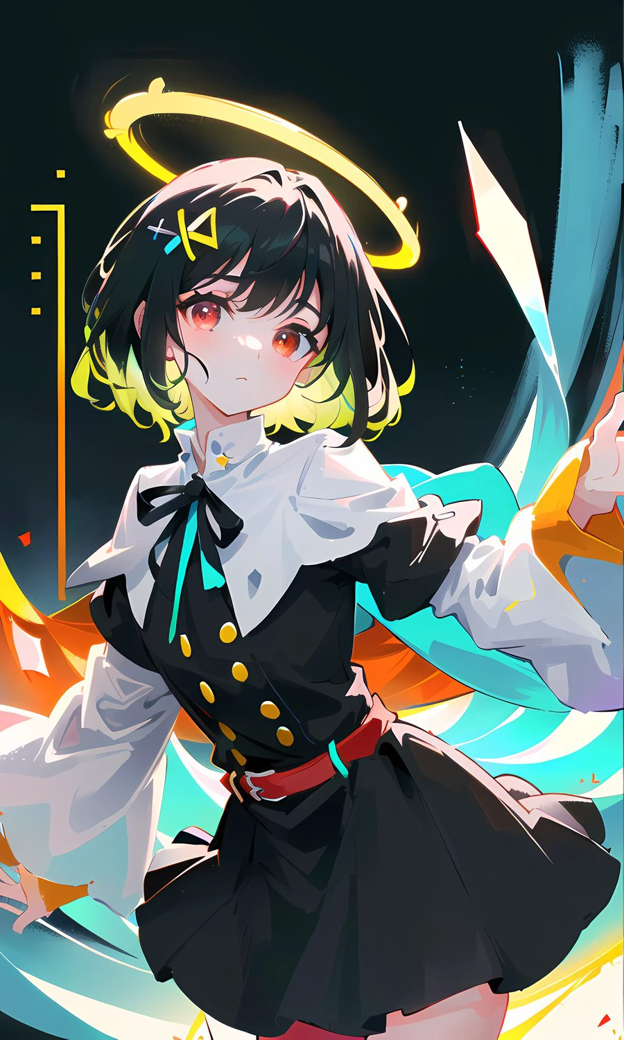 [[(((prism, glowing, glitter, particles, bloom, extra lights, cinematic lights, glowing white particles, +a))), (small:1.1),(Highest picture quality),(Master's work), (ultra-detailed),(Detailed eye description:1.2),(floating colorful wind:1.4),(jumping:1.4),(leaning forward:1.3),(manny colorful clouds and thorns and spikes:1.0),(clouds sea:1.4),(lens flare:1.3),, (closed mouth:1.17),(movie poster:1.0),(Tarot border:1.2),(red armor:1.4), (eyelashes), ((formal,military)),(skirt:1.4),(multicolored floating ribbon:1.3),(red ribbon:1.3),floating ribbons,(crystal magic:1.3),(thigh bands),(black hair:1.5),(short hair:1.6),the portrait is centered,(from below:1.1),from side,(close-up:1.2),(chaotic geometric images:1.3),(nagative space:0.8), (negative space:1.6),(drawing board:1.3),(halo:1.3),(ether colorful ink flowing:1.3),(red eyes:1.5), ((reflection, (neon lights:1.5))), ((colorful, multicolored)), night, (forehead:1.3), sky, shiny,  ((solo)), (dynamic pose:1.5), head tilt, , (black cape:1.4), (asymmetrical hair:1.6), head wings, ice wings, (missb0tez:1.0) (4ndreab0tez-1850:1.0), (beautiful detailed glow:1.1),black_theme,red theme]], <lora:theovercomer8sContrastFix_sd15:0.4>
