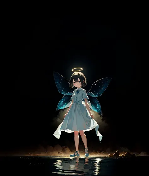 best quality, masterpiece, cinematic lighting, intricate, cinematic detailed realistic background, detailed face, full body, small breasts, ligne claire, detailed eyes, full body, highly detailed, vibrant colors, colorful, (chibi:1.1), realistic,
adorable cute smol 1girl, white cute dress, standing, wading, holy halo, smug, fantasy, fairy, descending heaven,