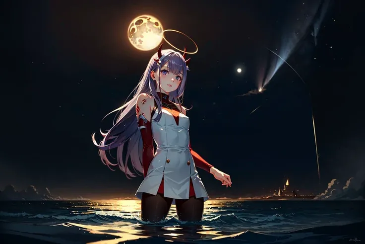 best quality, masterpiece, cinematic lighting, intricate, cinematic detailed realistic background, detailed face, full body, small breasts, realistic, ligne claire, detailed eyes,
zero two \(darling in the franxx\), in wading ocean, magical, aura, night, looking at viewer, tattoo, purple eyes, split-color hair, dress, mystical, comet, moon, oni horns, forcefield, holy halo,