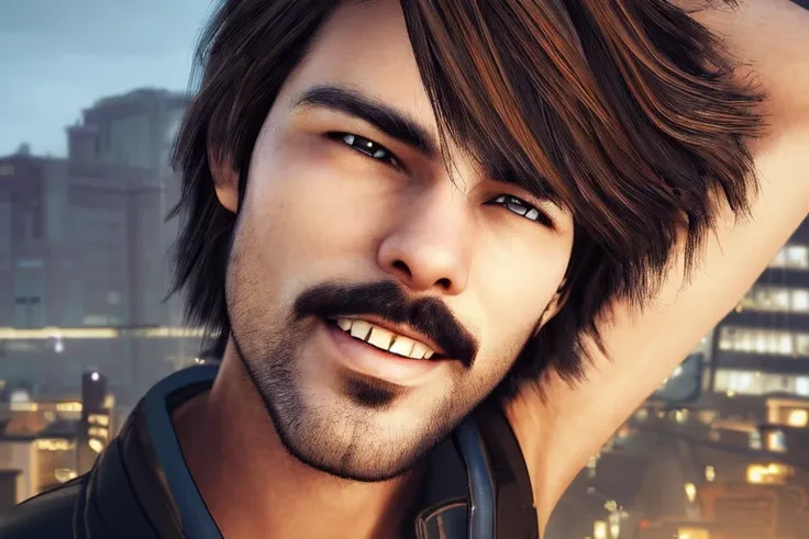 gendigi, solo, male focus, 1boy, masterpiece, best quality, ultra-detailed, highres), perfect face, sidelighting, lustrous skin,(bloom), (shine), lighting, ray tracing, sci-fi, 1boy, male focus, solo, facial hair, mustache, black border, brown eyes, simple background, jewelry, looking at viewer, long hair, black hair, jacket, ring, parody, teeth, open mouth, upper body, black jacket, smile, beard, highly detailed, depth_of_field,very detailed background, highly detailed background, Masterpiece, Ultra detailed, great composition,Dynamic angle,[Bottle bottom],(wide shot), extremely delicate and beautiful,(Highest picture quality), (Master's work),   depth of field, solo, extreme light and shadow, masterpiece, rich in detail, (fine features), (highest quality), (masterpiece), (detailed eyes), (beautiful) detailed,beautiful detailed eyes,(straight-on), full body, cyberpunk:1, flower petals falling, (extremely detailed CG unity 8k wallpaper),(masterpiece), (best quality), (ultra-detailed), (best illustration),(best shadow),perfect lighting , perfect anatomy , vivid colors,