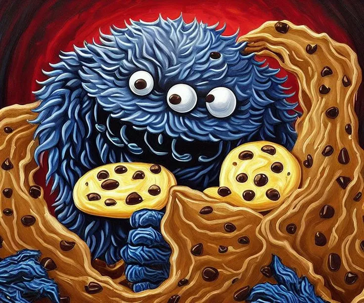 ASCIIA painting of the cookie monster as a demonic hungry beast, very detailed, clean, high quality, sharp image, based on H.P Lovecraft stories