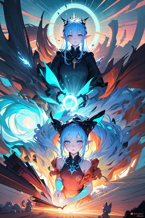 death,blood,night, dark, (Fantasy),Infinite,deep blue sky,The abyss of knowledge,knowledge,((masterpiece)), (((best quality))),((beautiful detailed eyes)),(eyelash),Monster,(1 girl),blue hair,long hair,abyss eyes,Shiny skin,oil,small breast,(bird body,feather),Wearing Rags of cloth, Tzeentch,elf,extremely detailed CG unity 8k wallpaper,masterpiece, ((ultra-detailed)), ((illustration)),colorful,wallpaper,energy,Unknown terror,arcane,Around the magic,magic surrounds,magic rod,book,pages flying all over the sky,Know it all,Predicting the Future,Know the past,Infinite wisdom,blue flame,Warlock,Magical Circle,Pentagram,incantation,mantra,Singing magic,