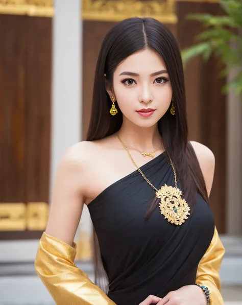 2girl, (( extrem long shot:2)), (ulzzang-6500:0.7), kpop idol, yae miko, detached sleeves, bare shoulders, gold hair, long hair, thai clothes, best quality, (painting:1.5), (hair ornament:1.35), jewelry, earrings, big breasts,  lantern light, depth of field, detailed face, ribbon_trim, (looking at viewer:1.25), nontraditional miko, shiny skin, long sleeves, smile, thick lips, hands on lips, east asian architecture, (blurry background:1.2), nipples, (thai temple background:1), (gold necklace:1.2), <lora:thailandTradition_thailandDress:0.5>, (long black hair:1),