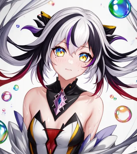 (((masterpiece))),(((best quality))),((ultra-detailed)),(illustration),(dynamic angle), ((floating)),(paint),((disheveled hair)), (solo),(1girl), ((small_breasts)), (((detailed anima face))),((beautiful detailed face)),collar,bare shoulders,  white hair, ((colorful hair)),((streaked hair)), beautiful detailed eyes,(Gradient color eyes),(((colorful eyes))), (((colorful background))),(((high saturation))),(((surrounded by colorful splashes))),(((surrounded by colorful dot))),colorful bubble,((shining))