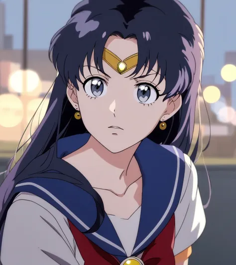 highres, best quality, anime fine details portrait of joyful school girl Sailor Moon in front of Russian panel houses on the background, grey color scheme, deep bokeh, close-up, anime masterpiece by Studio Ghibli. 8k, sharp high quality classic anime from 2000 in style of Hayao Miyazaki