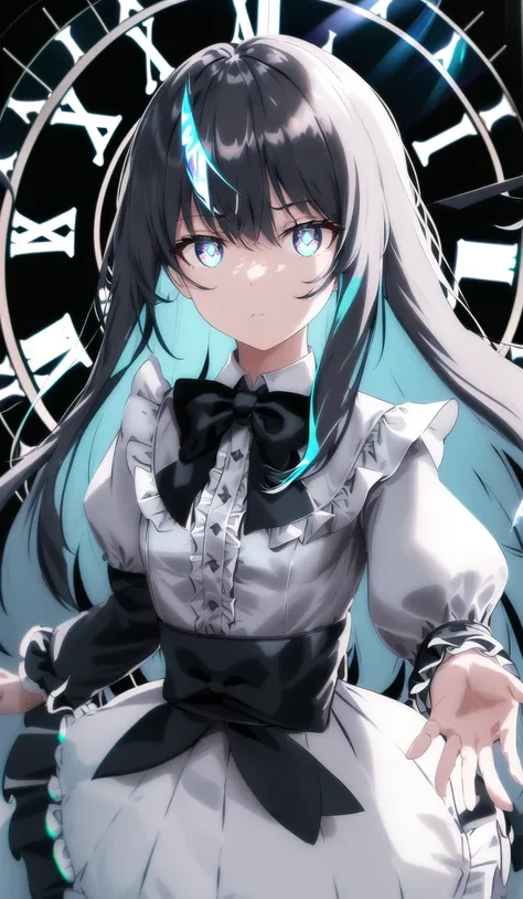 ((illustration)), ((floating hair)), ((chromatic aberration)), ((caustic)), lens flare, dynamic angle, ((portrait)), (1 girl), ((solo)), cute face, ((hidden hands)), asymmetrical bangs, (beautiful detailed eyes), eye shadow, ((huge clocks)), ((glass strips)), (floating glass fragments), ((colorful refraction)), (beautiful detailed sky), ((dark intense shadows)), ((cinematic lighting)), ((overexposure)), (expressionless), blank stare, big top sleeves, ((frills)), hair_ornament, ribbons, bowties, buttons, (((small breast))), pleated skirt, ((sharp focus)), ((masterpiece)), (((best quality))), ((extremely detailed)), colorful, hdr