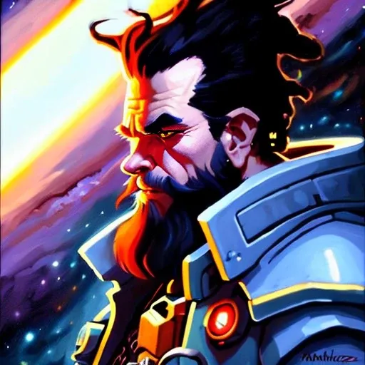 space dwarf, moody, punk hair, profile picture, cosmic background, steampunk fantasy painting by greg manchess and makoto shinkai, trending on artstation, [:vibrant digital painting:0.4]