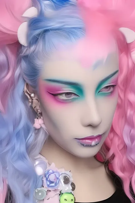 mikmikeidsk1,1 girl, solo, a woman with pink hair and blue eyes wearing a cat ears costume and a blue shirt with white and pink hair, Cosmo Alexander, a pastel, kawaii pastel elements, anime style makeup,a character portrait, ultra realistic, long hair, incredibly detailed photorealistic, vibrant AGFA, cinematic, volumetric lighting, rim lighting, mikeidsk1