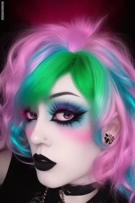 mikmikeidsk1,1 girl, solo, anime style wig, a woman wearing a wig with dreadlock cyberfalls, makeup , kawaii elements, neon green cyberpunk goggles on her head, pastel elements, anime style makeup,a character portrait, ultra realistic, long hair, emo aesthetic, incredibly detailed photorealistic, vibrant AGFA, cinematic, volumetric lighting, rim lighting, mikeidsk1