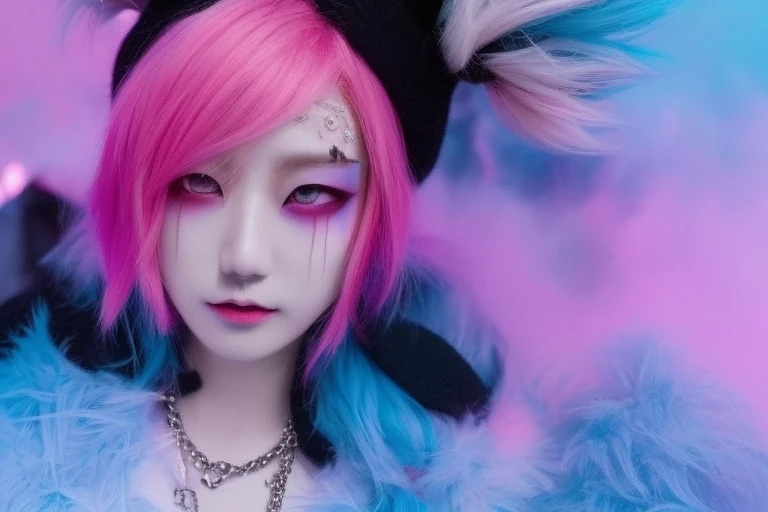 mikmikeidsk1, portrait, model card, 1 girl, solo, a woman with pink hair and blue eyes, blue shirt with white and pink hair, pastel, kawaii pastel elements, anime style makeup,a character portrait, ultra realistic, long hair, incredibly detailed photorealistic, vibrant AGFA, foggy future cinematic, volumetric lighting, rim lighting, mikeidsk1