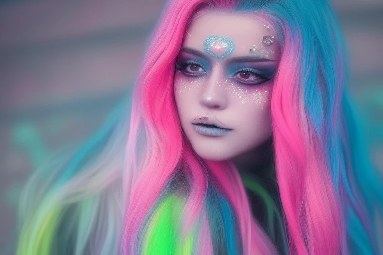 mikmikeidsk1, portrait, model card, 1 girl, solo, american, a woman with neon hair, vibrant pink blouse, kawaii pastel elements, anime style makeup,a character portrait, ultra realistic, long hair, incredibly detailed photorealistic, vibrant AGFA, foggy future cinematic, volumetric lighting, rim lighting, mikeidsk1