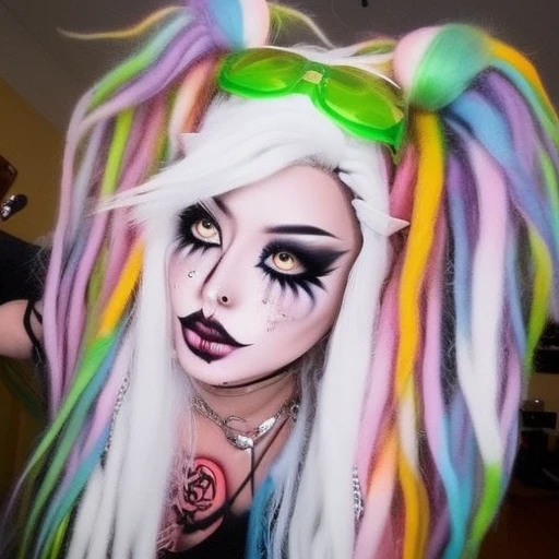 mikmikeidsk1, a woman with white hair wearing a wig with dreadlock cyberfalls, makeup , white goth eye contacts, kawaii elements, neon green cyberpunk goggles on her head, pastel elements, anime style makeup,a character portrait, ultra realistic, long hair, emo aesthetic, incredibly detailed photorealistic, vibrant AGFA, cinematic, volumetric lighting, rim lighting, mikeidsk1