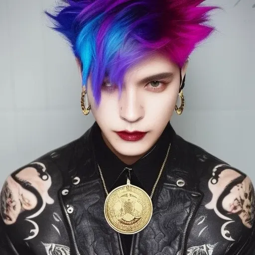 mikmikeidsk1, 1boy, male_focus, american, man with blue pink hair and a black shirt with a gold medallion on his chest,  a character portrait, ultra realistic, long hair,  emo aesthetic,  incredibly detailed photorealistic, vibrant AGFA, cinematic, volumetric lighting, rim lighting, mikeidsk1