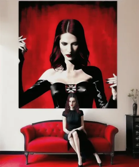 a a skinny attractive White Jewish Junemodel woman is a high class female vampire, wearing a black dress, sitting on a red couch, in a red room, bar setting, southwest murals on wall, cactus in vases, dramatic lighting, intricate detail, 4k, nikon