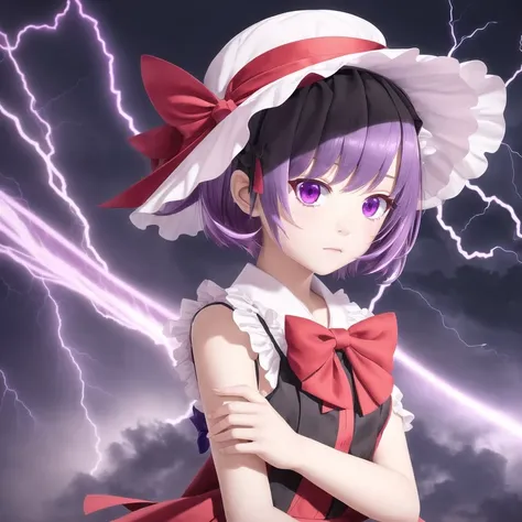 1girl, bow, dress, female focus, frills, hat, lightning, purple hair, red eyes, ribbon, shawl, short hair, solo