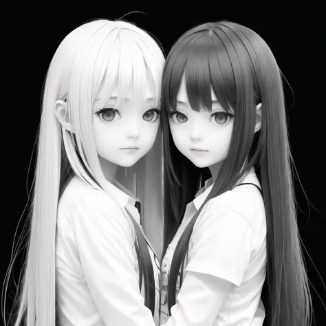 10s, 2girls, comic, long hair, monochrome, multiple girls, simple background, yuri