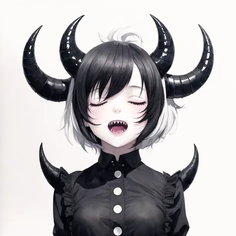 1girl, arms under breasts, black horns, buttons, closed eyes, demon girl, horns, limited palette, open mouth, painting \(medium\), sharp teeth, short hair, smile, teeth, traditional media, watercolor \(medium\), white background, white hair