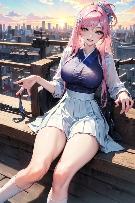 official art, masterpiece, sharp focus, (beautiful gorgeous cute Korean woman:1.3), (beautiful cute korean:1.3), korean beauty, Delicate and beautiful hair and eyes and face, realistic, ultra detailed, beautiful girl, blue sky, glow white particle, (sidelighting:1.2), sun light, white cloud, detailed clouds, slender, Lovely very large breasts and very large hips, smile with teeth, ((smile with eyes, open both eyes)), scenery, long straight hair, sexy facial expression, building, (cityscape:1.7), dynamic hair, long straight hair, detailed platinum pink hair, glow blue eyes, (blue pleated shirts + white skirt), white long socks, pale skin, hair ornament, epic scenery,