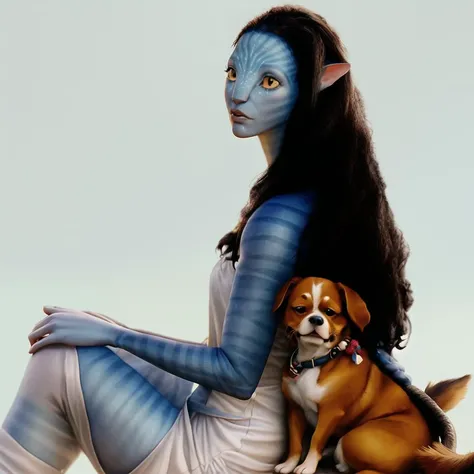 (Neytiriblueskinbabe), 1girl, tail, holding a Cavalier King Charles Spaniel, (Photorealistic:1.2)
