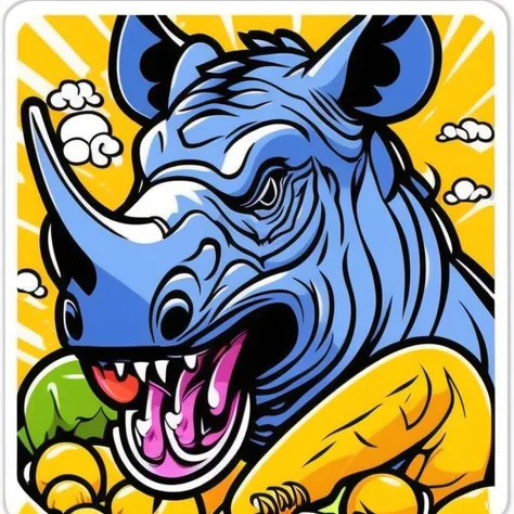 a rhino illustration stickers, ((cut-out sticker of rhino)) stickers, ((vivid colors, colorful, pastel cute colors)), vector-art
