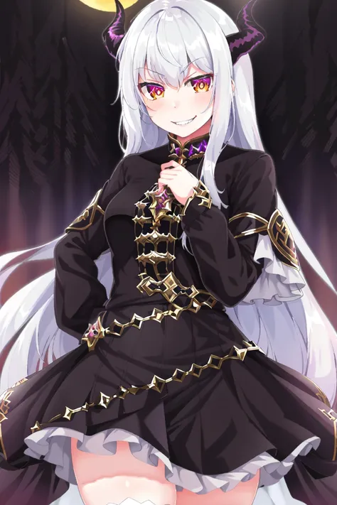 photo of a iom girl, 1girl,(best quality:1.5),cowboy shot,standing,(black armor:1.1),lustrous skin,General,(black dragon horns:1.1),(evil smile:1.4),hands on hip,night, cowboy shot,