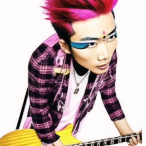 an asian nobinary transmasculine person, eyeliner,  with pink hair holding a guitar in his hands and posing for a picture with his guitar in her hand, duskspider