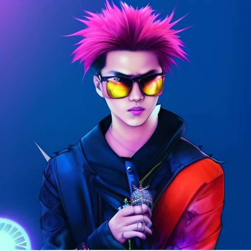 digital illustration, ,trading card, tarot card, 1boy, male focus,  Hideto Mastumoto, hide from X-japan, X-japan, Visual Kei, Rock Star, japanese rock star, the pink spider, bokeh, pink black and blonde hair,brown_eyes,, film_grain, focused, jacket, looking_at_viewer, spiked_hair, stadium, unconventional_media, white_background,  eyeliner,PINK HAIR,   solo, looking_at_viewer, ring light, rim lighting, wlop, guweiz, artgerm, duskspider