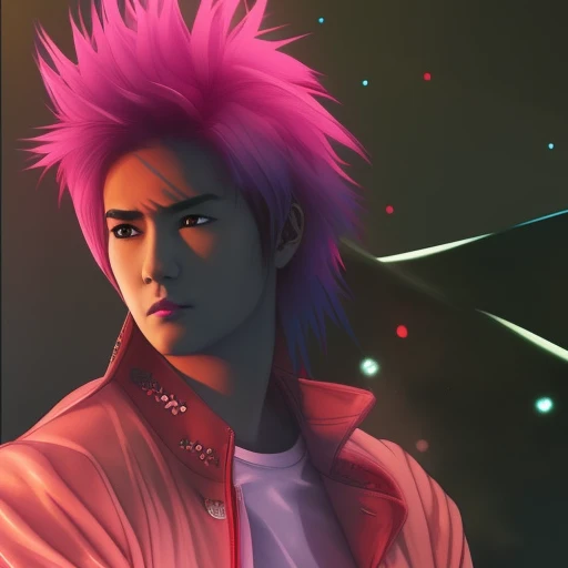 digital illustration, ,trading card, tarot card, 1boy, male focus,  Hideto Mastumoto, hide from X-japan, X-japan, Visual Kei, Rock Star, japanese rock star, the pink spider, bokeh, pink black and blonde hair,brown_eyes,, film_grain, focused, jacket, looking_at_viewer, spiked_hair, stadium, unconventional_media, white_background,  eyeliner,PINK HAIR,   solo, looking_at_viewer, ring light, rim lighting, wlop, guweiz, artgerm, duskspider