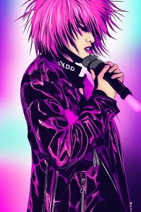 digital illustration, ,trading card, tarot card, 1boy, male focus,  Hideto Mastumoto, hide from X-japan, X-japan, Visual Kei, Rock Star, japanese rock star, the pink spider, bokeh, pink black and blonde hair,brown_eyes, closed_mouth, film_grain, focused, jacket, looking_at_viewer, holding_a_guitar,1990s,  spiked_hair, stadium, unconventional_media, white_background,  eyeliner,PINK HAIR,   solo, looking_at_viewer, ring light, rim lighting, wlop, guweiz, artgerm, duskspider