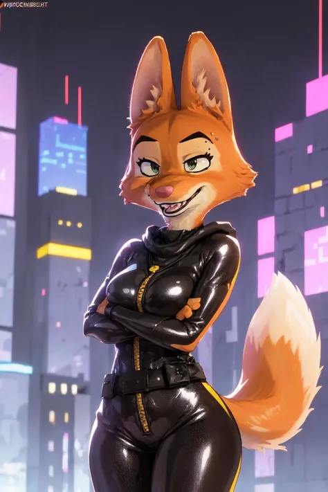 <lora:dianeFoxington_v4:1>, Diane Foxington, Night City Lights, Skyscraper With Neon Lights, Portrait Of Stunningly Beautiful Canid Furry Fox Girl, Soft Delicate Beautiful Attractive Face With Alluring Green-Black Eyes, Lovely Medium Breast, Voluminous Eyebrow With Piercing, Thick Eyelashes, (Smug Face:1.1), Open Fox Snout Mouth, Whiter Teeth With Cute Fangs Out, Orange Thick Layered Body Fur, Long Fox Ears With Tail, Black Parted Lips, High Quality Black Latex Texture Full Bodysuit With Close Zipper, Yellow Trim Clothes, Buckle Waist Belt, Standing On Highest City Rooftops, Bright Night City Skyline Background, (Crossed Arms:1.2), (Highest Quality, Amazing Details:1.4), Cel Shading, Raytracing, Color Grading, 3D Animation, Picturesque Scenery