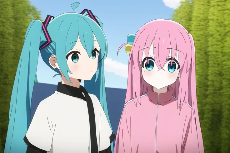 2girls, (miku), bocchi ahoge, miku blue hair