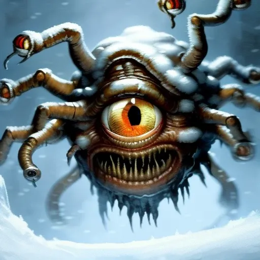 Close-up Portrait of a Beholder_Monster, Frostpunk, snow, ice, snowing:15, Volumetric lighting, concept art, brush stroke style, artstation, trending, highly detailed, art by greg rutkowski.
