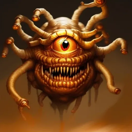 Close-up Portrait of a Beholder_Monster, desertpunk, sands, desert , sandstorm:15, Volumetric lighting, concept art, brush stroke style, artstation, trending, highly detailed, art by greg rutkowski.