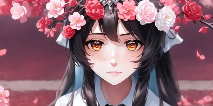 m_style, 1girl, animal_ears, bangs, (masterpiece:1.2), (highly detailed), (looking at viewer), ((best quality)), (ultra-detailed), black_hair, black_skirt, red_ribbon, blurry, blurry_background, collared_shirt, facial_mark, flower, fox_ears, grey_flower, hair_flower, hair_ornament, highres, league_of_legends, long_hair, looking_at_viewer, neck_ribbon, nixeu, orange_eyes, pleated_skirt, ribbon, shirt, sitting, skirt, solo, whisker_markings, white_shirt, (nixeu_style:0.8)