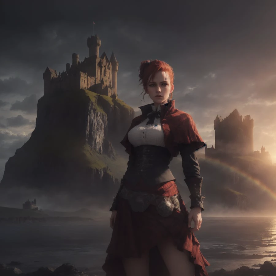 Masterpiece, A half body shot of a rebellious beautiful Scottish punk woman wearing a Vivienne Westwood outfit, Bamburgh Castle in the background, very detailed, Cinematic lighting, with volumetric rays and bloom effect in the style Greg Rutkowski, dramatic lighting ,clouds at sunset, rainbow:.4, photorealistic digital art trending on Artstation 8k HD high definition detailed realistic, Style-Kilt:.4