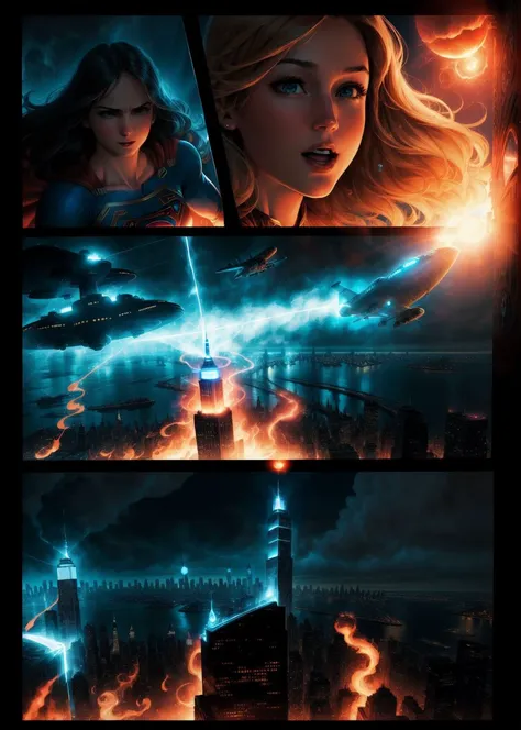 comicbook page with various panels about a supergirl, (in black outfit), chest insignia blue circle, attacking an airship over new york city, (cityscape:1.2), (speech bubbles:1.2), flames, missiles, explosions, by jim lee, award winning art, 4k render, highly detailed