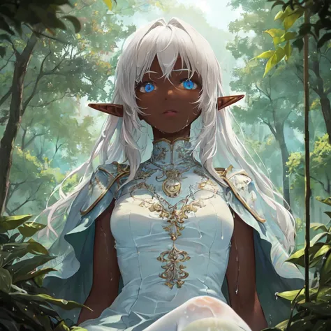 ((masterpiece, best quality)), sharp, in focus, detailed, 1girl, solo focus, shy, confused, (dark skin), elf,  anime eyes, detailed yes, white hair, ((wet clothes)), sitting on river, looking at viewer, (upper body:1.31), dress, negligee, white legwear, forest, (from below), looking away, fine fabric emphasis, realistic, day, blu theme, hightly detailed background, Cinematic Lighting,