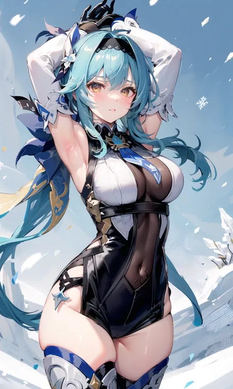 ((masterpiece, best quality)), (1girl),((mature female)), lightblue hair,thighhighs, hairband, thighs, long sleeves, gloves,  bangs, dark golden yellow eyes, medium hair, leotard, hair ornament, black hairband, shoulder cutout, black thighhighs, blue necktie, (large breasts:1.2), (busty),armpits, tying hair,curvy,cleavage,confident, [wide hips],snowing,nature, <lora:eula_v10:0.5>,eula \(genshin impact\), pov