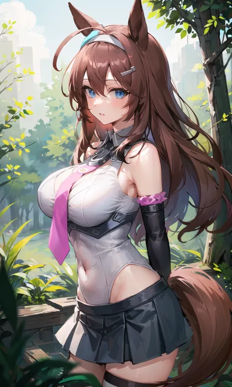 ((masterpiece, best quality)), (1girl),(( female)),brown hair,hair between eyes, garters,big breast,(busty)hty face, wide hips,forest, nature,posing,arms behind back, <lora:mihonoBourbon_v10:0.6>,mihono bourbon \(umamusume\),white leotard, covered navel, lowleg skirt, detached sleeves, bare shoulders, miniskirt, pink necktie,pov