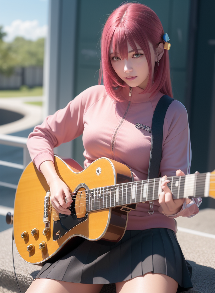 There is a woman with pink hair playing a guitar on the street - SeaArt AI