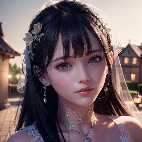 <lora:virtualgirlAim_v20:0.9>, (RAW photo:1.4), (photorealistic:1.7),(intricate details:1.2),(masterpiece:1.3),(best quality:1.4), (ultra highres:1.2), Beautiful face, upon_body, tyndall effect, atmospheric perspective, dark studio, rim lighting, two tone lighting,(high detailed skin:1.2), 8k uhd, dslr, soft lighting, high quality, volumetric lighting, candid, Photograph, high resolution, 4k, 8k, Bokeh, with a sinister castle looming in the distance, castle background, beautiful castle background, ((detailed wedding veil with flowers)), long white gloves,((white lace wedding dress)), (bangs:1.3), hair bangs, sitting down, sitting, outdoors, outside, close up, face close, light blue eyes,
