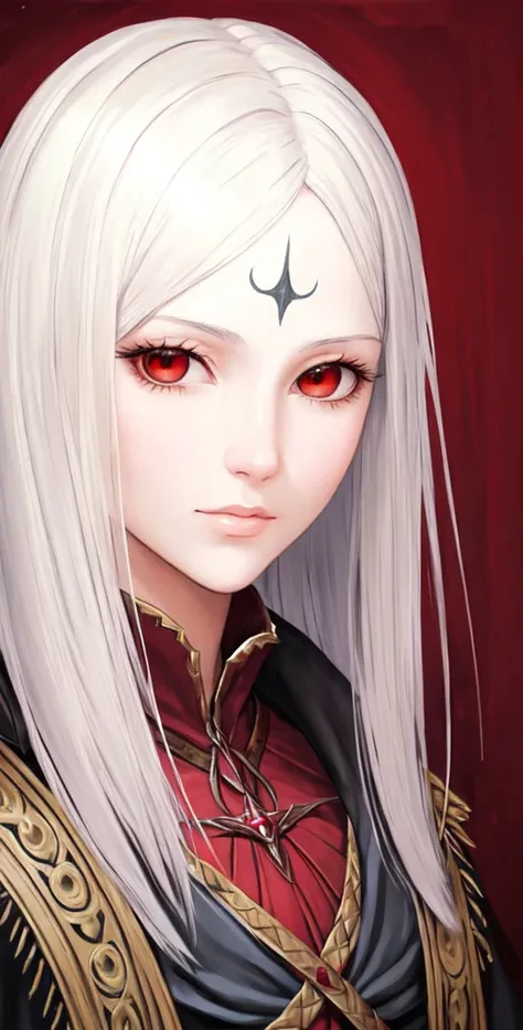 medieval painting, oil painting, perfect man, realistic warrior, white hair, red eyes, face portrait, round eyes, styled like bloodborne bye fromsoftware, dark red background,
